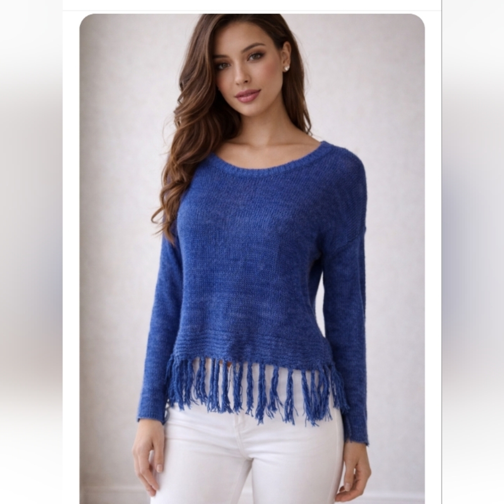 360 Sweater Italian Yarn Blue Fringe Hem Linen Sweater – Size Small